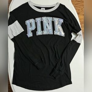 Size XS Victoria Secret PINK Long Sleeve Shirt Sequin Letters/ Logo (RUNS BIG)